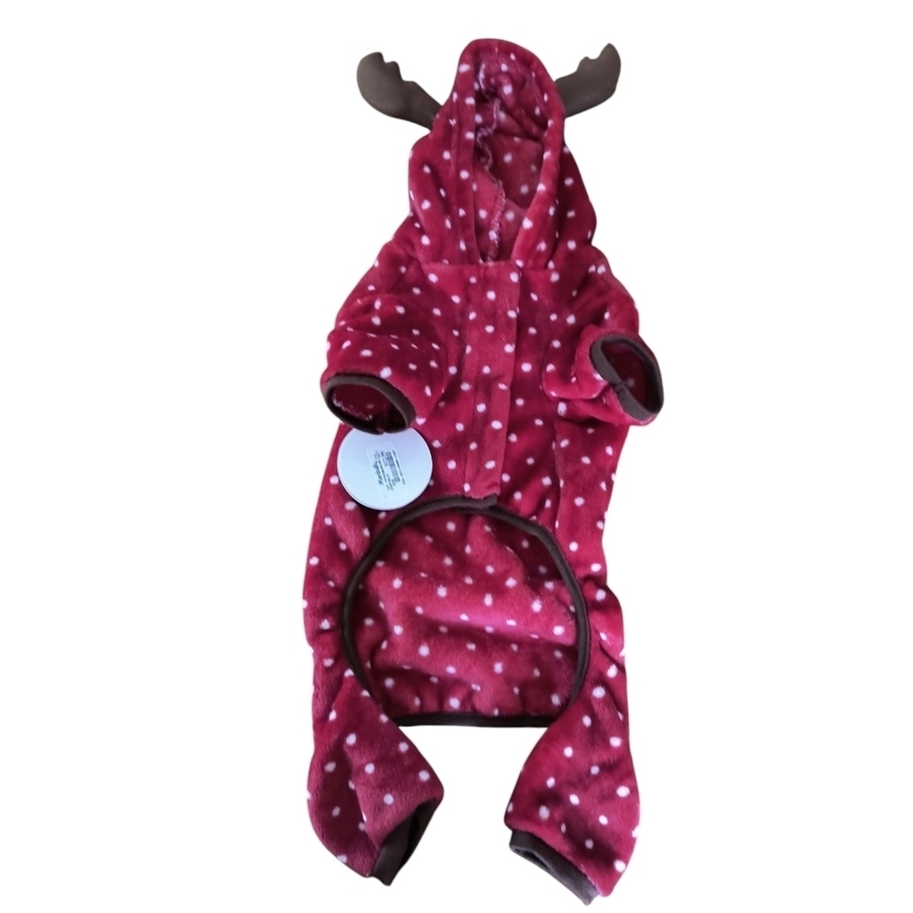 NWT LuvGear Red Polka Dot Dog Hoodie with Antlers Pajamas Size M